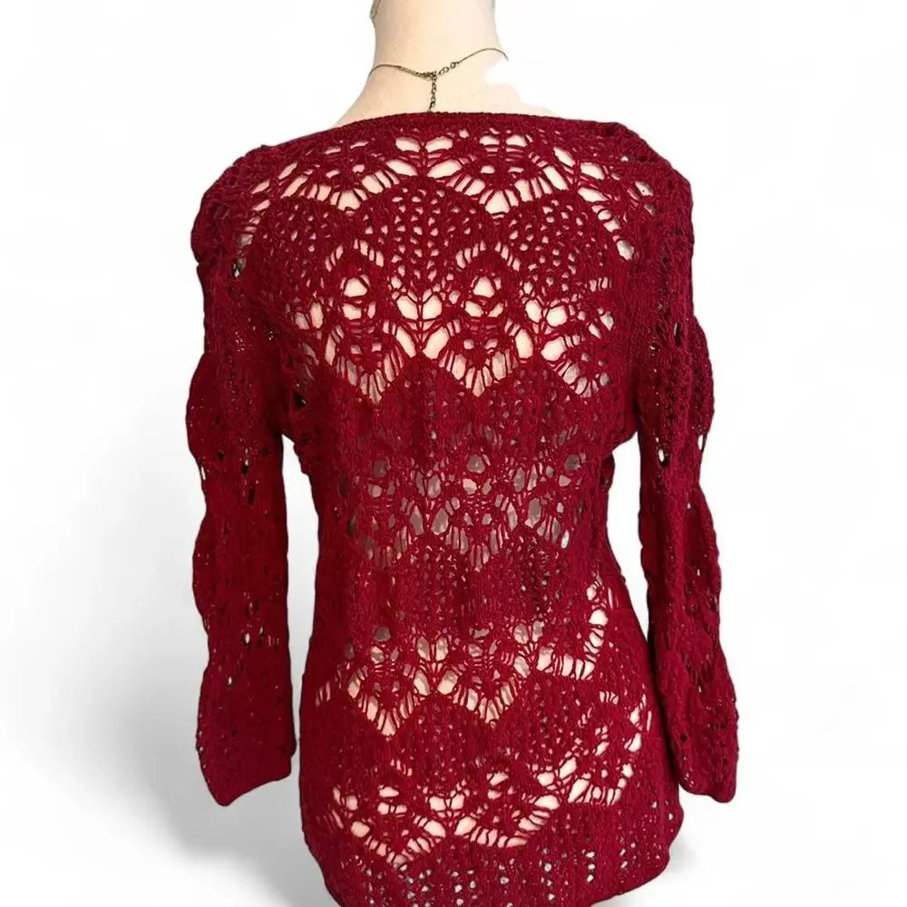 Red Y2K - Boho Crotchet Layering 3/4 Sleeves Top Size Medium Casual - Bella Swan - Picture 2 of 3